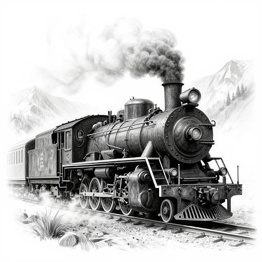 Black-and-white digital drawing of a steam locomotive chugging along tracks, emitting smoke, with detailed textures and dynamic lines.