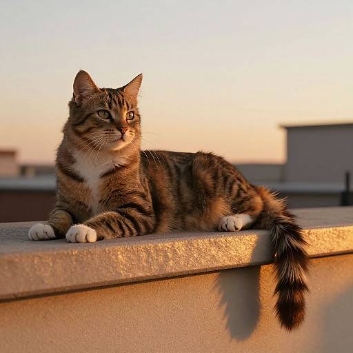 Photograph of a tabby cat with green eyes lounging on a rooftop ledge at sunset, backlighting its fur and casting a warm glow.