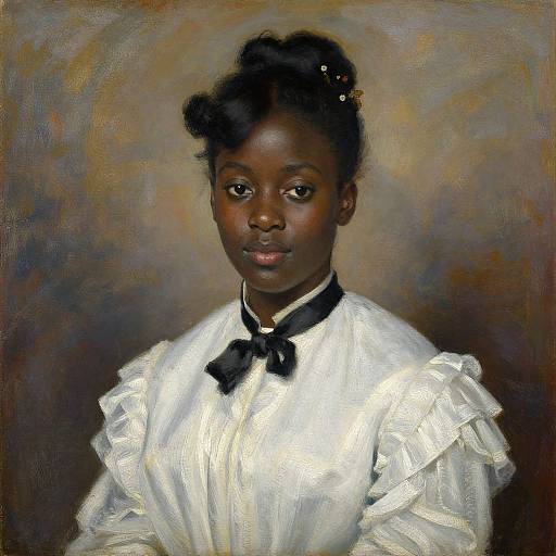 Photorealistic painting of a young African girl with dark skin, wearing a white, ruffled Victorian-style dress with a black bow, set against a
