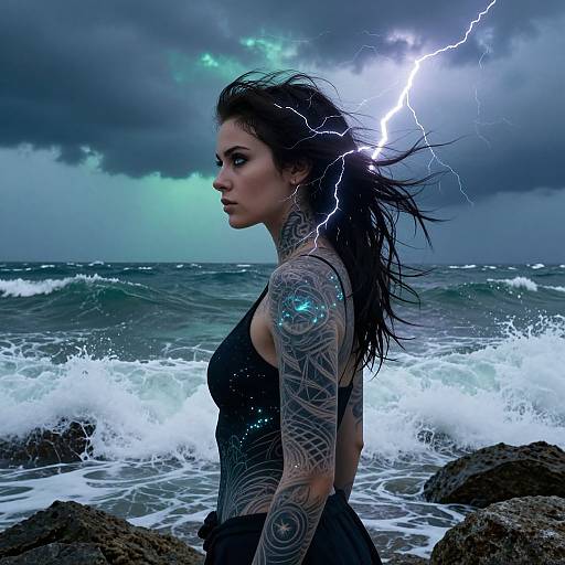 Tattooed woman in black tank top stands on rocky shore, lightning illuminating stormy sky and crashing waves behind her. Photorealistic digital