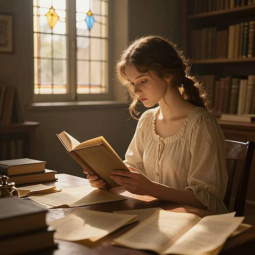 Photograph of a young woman with wavy brown hair, wearing a cream blouse, reading an old book in a sunlit library.