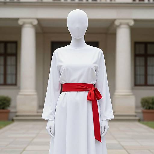 Faceless white mannequin in white dress with bright red sash, standing in front of classical building with columns and windows.