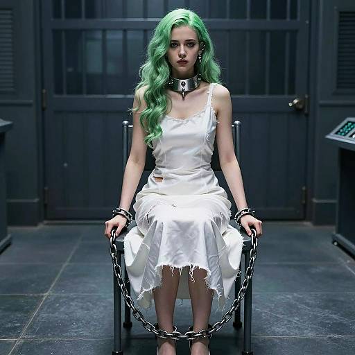 Photograph of a woman with green hair, wearing a white, tattered dress, black collar, and wrist cuffs, chained to a chair in a