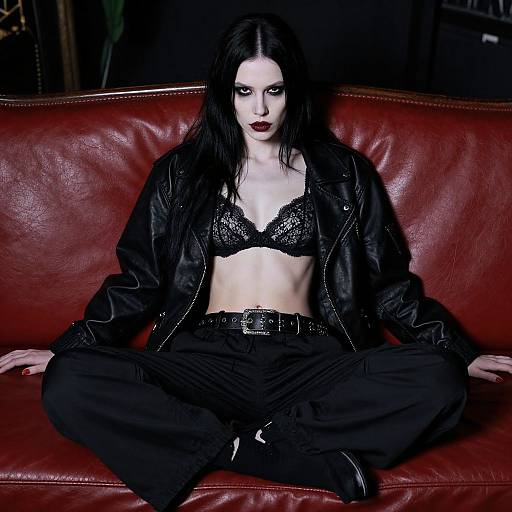 Gothic Woman on Red Leather Couch