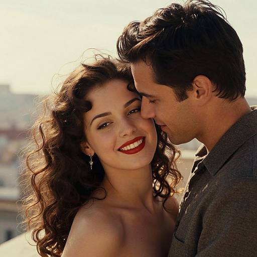 Photograph of a smiling woman with curly brown hair and red lipstick, wearing a strapless top, leaning close to a man with dark hair in a