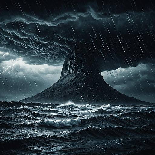 Stormy Sea with Dark Volcanic Island