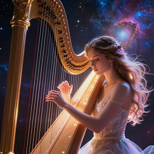 Dreamy digital art of a fair-haired, ethereal woman playing a golden harp against a cosmic, starry background with glowing nebula.