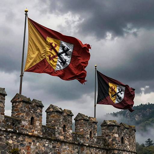 Photograph of two castle flags; red and gold with a black star and eagle, flying against a cloudy sky over a stone fortress.