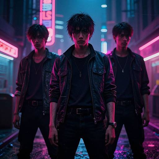 Neon-lit cyberpunk alleyway photograph of three brooding men with messy hair, wearing dark leather jackets, standing in front of glowing pink and