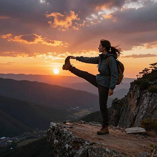 Photograph of a woman in a blue jacket and black pants, standing on a rocky cliff, stretching her right leg high, with a vivid sunset and