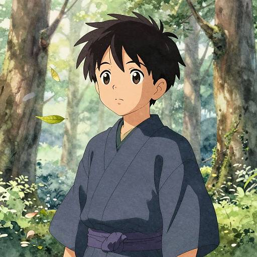 Anime-style digital drawing of a young boy with short black hair, wearing a dark blue kimono, standing in a sunlit forest with green foliage and