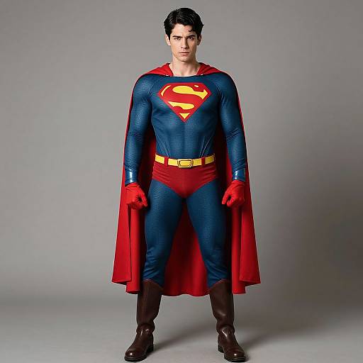 Photograph of a young man in a classic Superman costume: blue bodysuit, red trunks, yellow belt, red cape, gloves, and