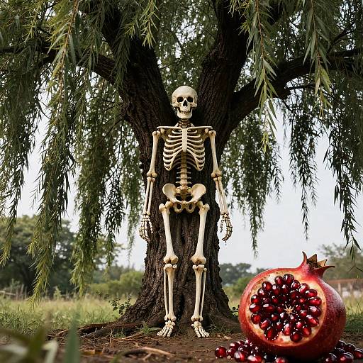 Skeleton by Willow Tree with Pomegranate