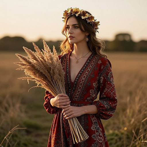 Photograph of a young woman with wavy brown hair, wearing a floral crown and red patterned dress, holding wheat, standing in a golden sunset