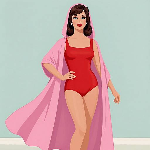 Digital illustration of a confident woman with fair skin, black hair, red one-piece swimsuit, and pink robe, standing against a light blue background.