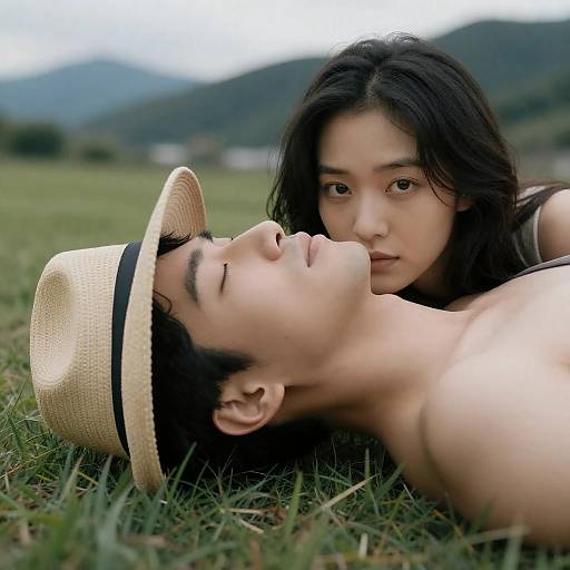 Couple Relaxing on Grass in Nature