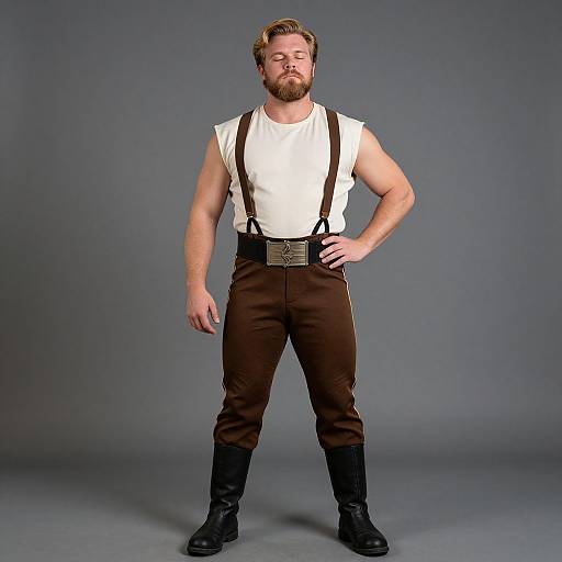 Photograph of a muscular, bearded man with short blonde hair, wearing a white sleeveless shirt, brown suspenders, brown pants, and black