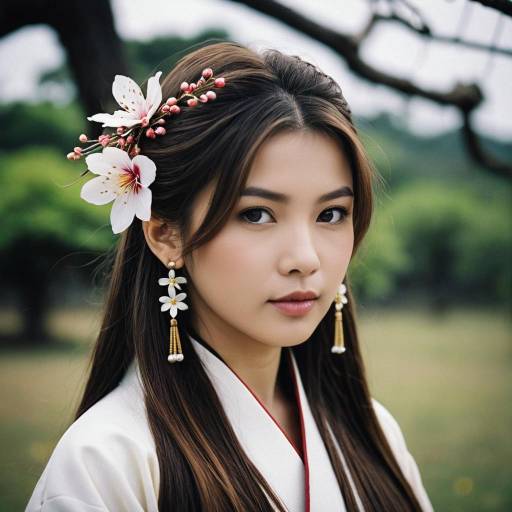 Young Woman with Floral Hair Ornament Outdoors