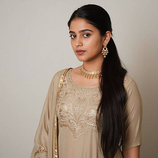 Photograph of a young South Asian woman with long black hair, wearing a beige embroidered top, gold jewelry, and a gold sari, against a