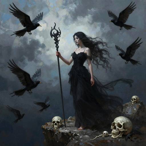Dark fantasy painting: Pale woman in black dress, long black hair, holding ornate staff, stands on rocky cliff with black crows, skulls.