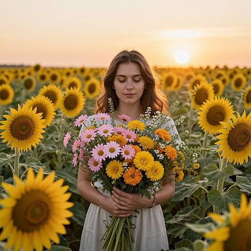 Photograph of a young woman with wavy brown hair, wearing a white dress, holding a vibrant bouquet of sunflowers and daisies, standing