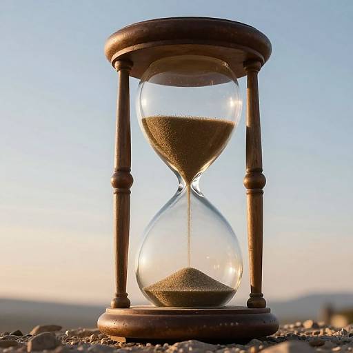 Photograph of a wooden hourglass with sand, set against a clear blue sky at sunset, on a rocky surface.