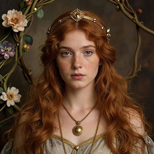 Photorealistic portrait of a fair-skinned, freckled red-haired woman with wavy hair, wearing a golden headpiece, necklace, and