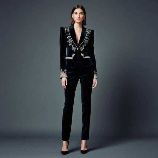Woman in Embroidered Velvet Blazer and Trousers