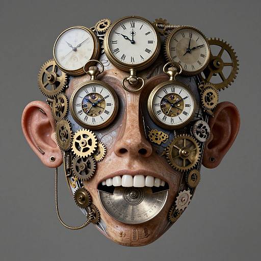 Photorealistic digital artwork of a humanoid face with multiple clock gears and cogs on the head and face, set against a gray background. The face