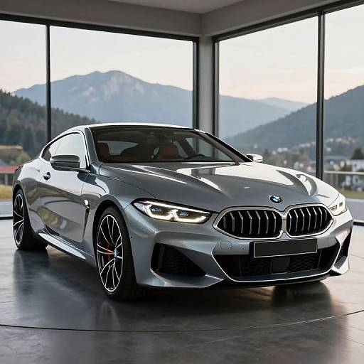 Photograph of a sleek, silver BMW sports coupe with aggressive headlights, black rims, and a modern, reflective finish in a mountain-view room.