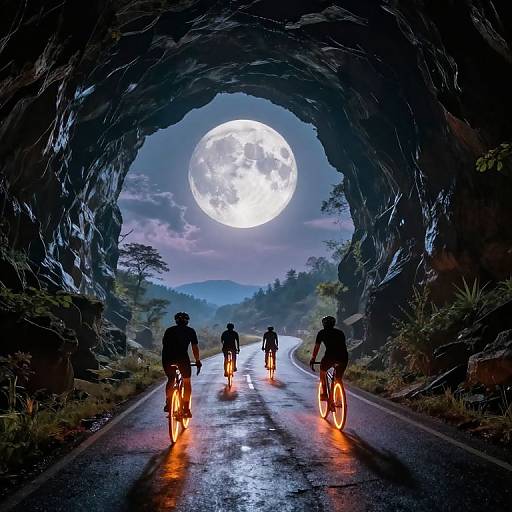 Cyclists on Bioluminescent Tunnel Ride