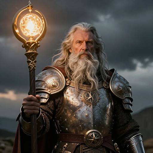 Photograph of an elderly, white-bearded man in ornate, silver medieval armor holding a glowing, circular staff under a stormy sky.