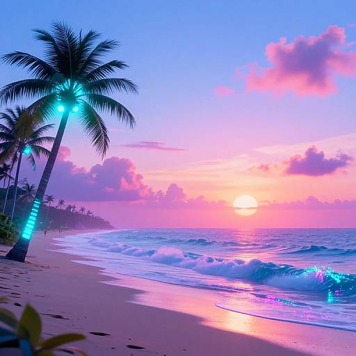 Photograph of a vibrant, neon-lit tropical beach at sunset, featuring silhouetted palm trees, colorful waves, and a pink-orange-purple