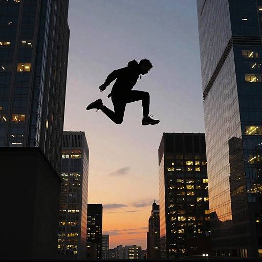 Silhouette Mid-Air Between Skyscrapers
