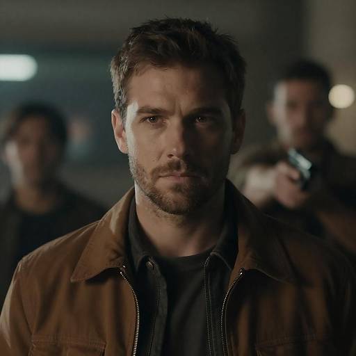 Photograph of rugged, bearded man with short brown hair, intense expression, wearing brown jacket over black shirt, blurred background with two men holding guns