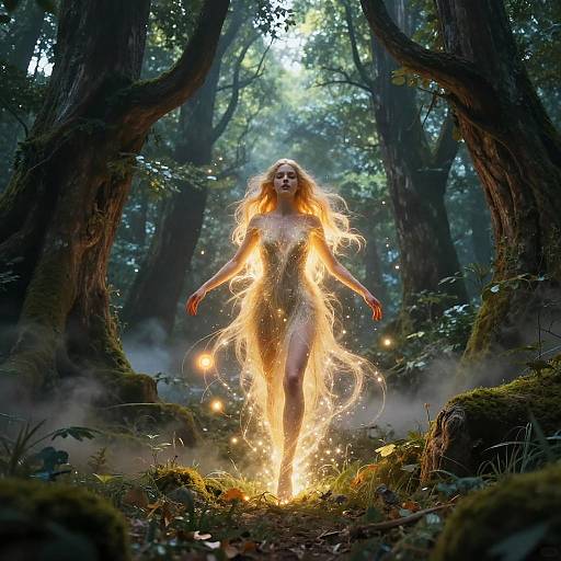 Photorealistic digital art of a glowing, ethereal woman with long blonde hair, in a fiery dress, walking through a mystical, misty forest