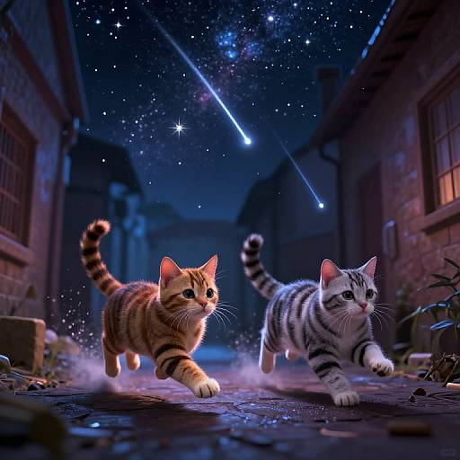 Photorealistic CGI of two playful kittens, one orange tabby and one white with black stripes, running in a nighttime alley with a starry sky