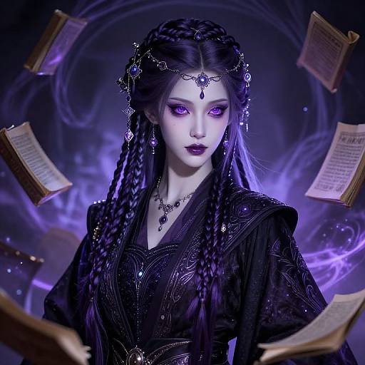 Digital artwork of a mystical, pale-skinned woman with purple eyes and black braided hair, adorned with jewelry, surrounded by floating books against a purple