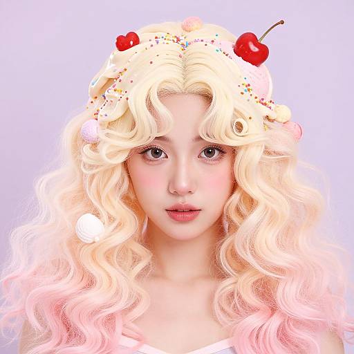 Photograph of a fair-skinned woman with long, wavy blonde hair adorned with red cherries and colorful sprinkles, staring directly at the camera