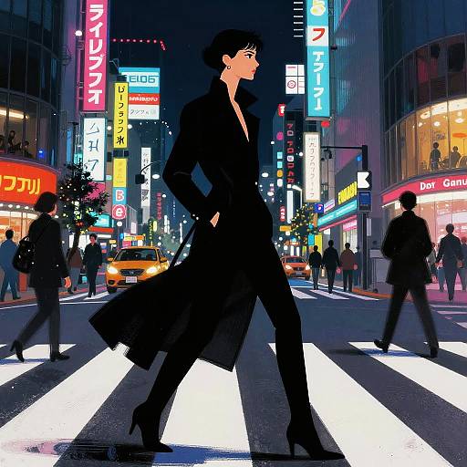 Avant-Garde Model Crossing Shinjuku Street at Night