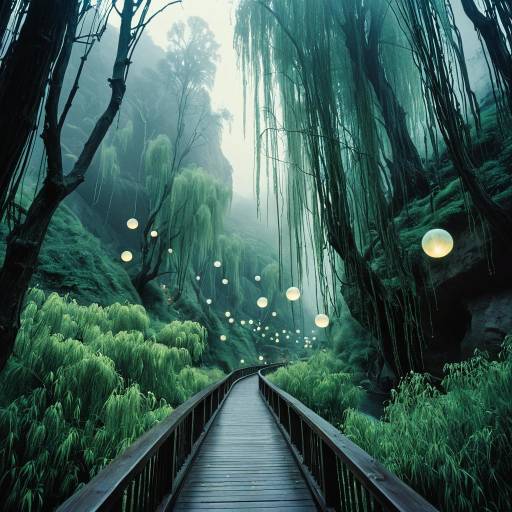 Enchanted Canyon Boardwalk with Luminous Orbs