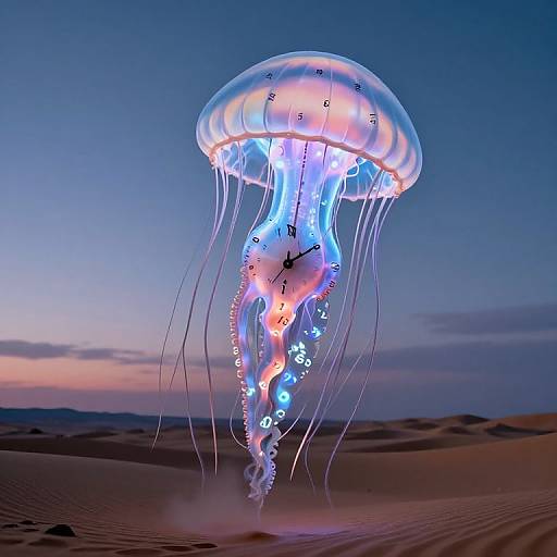 Photograph of a glowing jellyfish with clock numbers and blue lights, floating above a desert at twilight.