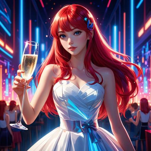 Red-haired woman in white dress holding champagne glass
