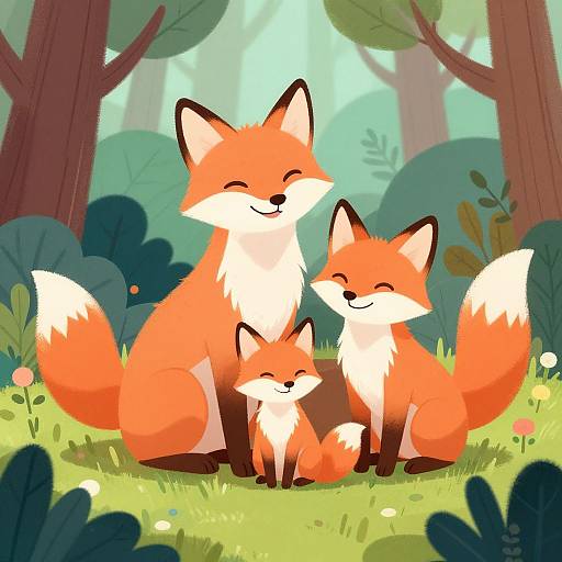 Playful Fox Family in Whimsical Woodland