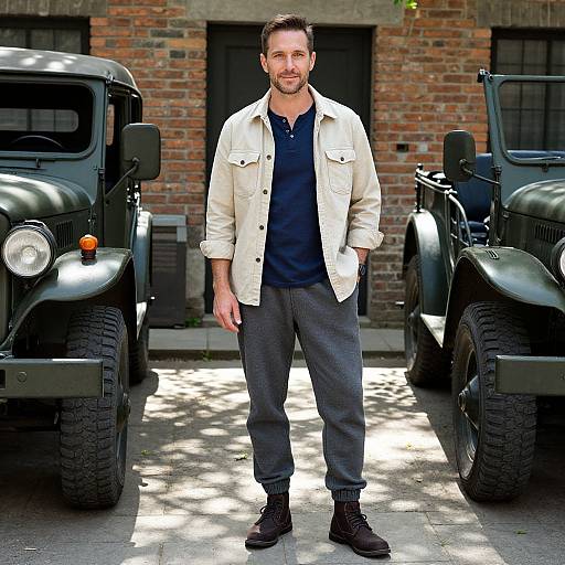 Photograph of a bearded man in a white jacket, navy shirt, gray pants, and black boots, standing between two classic military-style black trucks