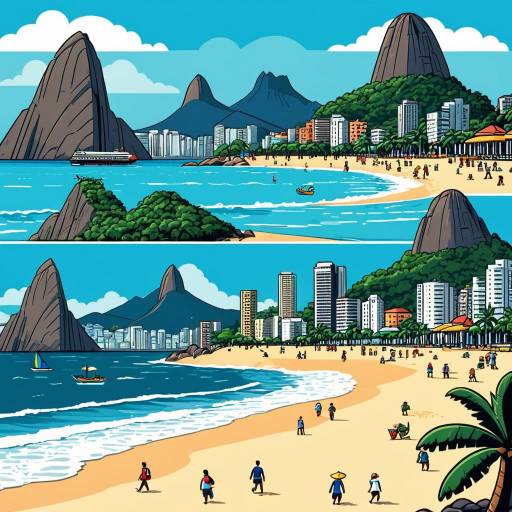 Illustrated Rio de Janeiro Beachfront with Iconic Landmarks
