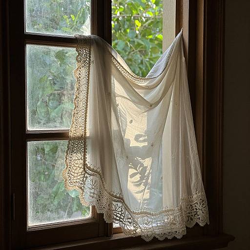 Photograph of delicate white lace curtain draped over a sunlit window, casting intricate shadows, with green foliage visible outside.