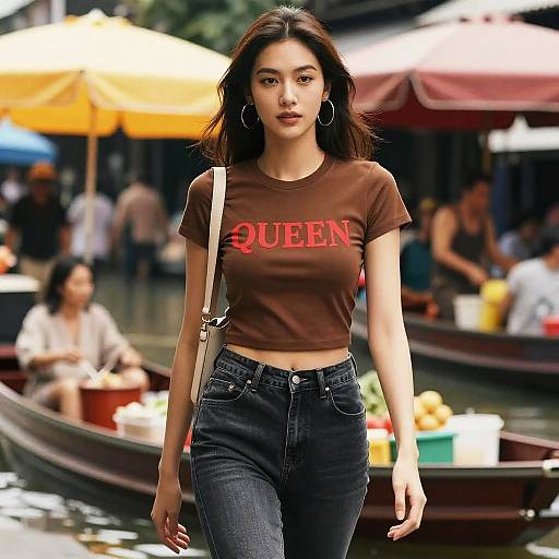 Photograph of an Asian woman with long black hair, wearing a brown 