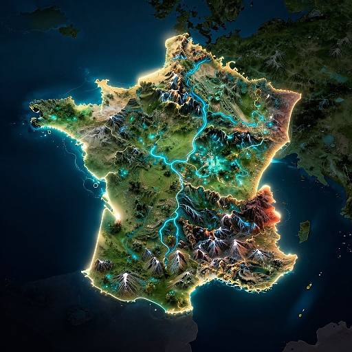 Photorealistic 3D map of France, illuminated with vibrant colors highlighting topography, rivers, and borders against a dark night sky.