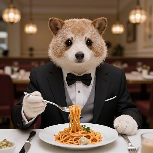 Photorealistic digital art of an anthropomorphic Shiba Inu in a black tuxedo, eating spaghetti with chopsticks in a dimly lit